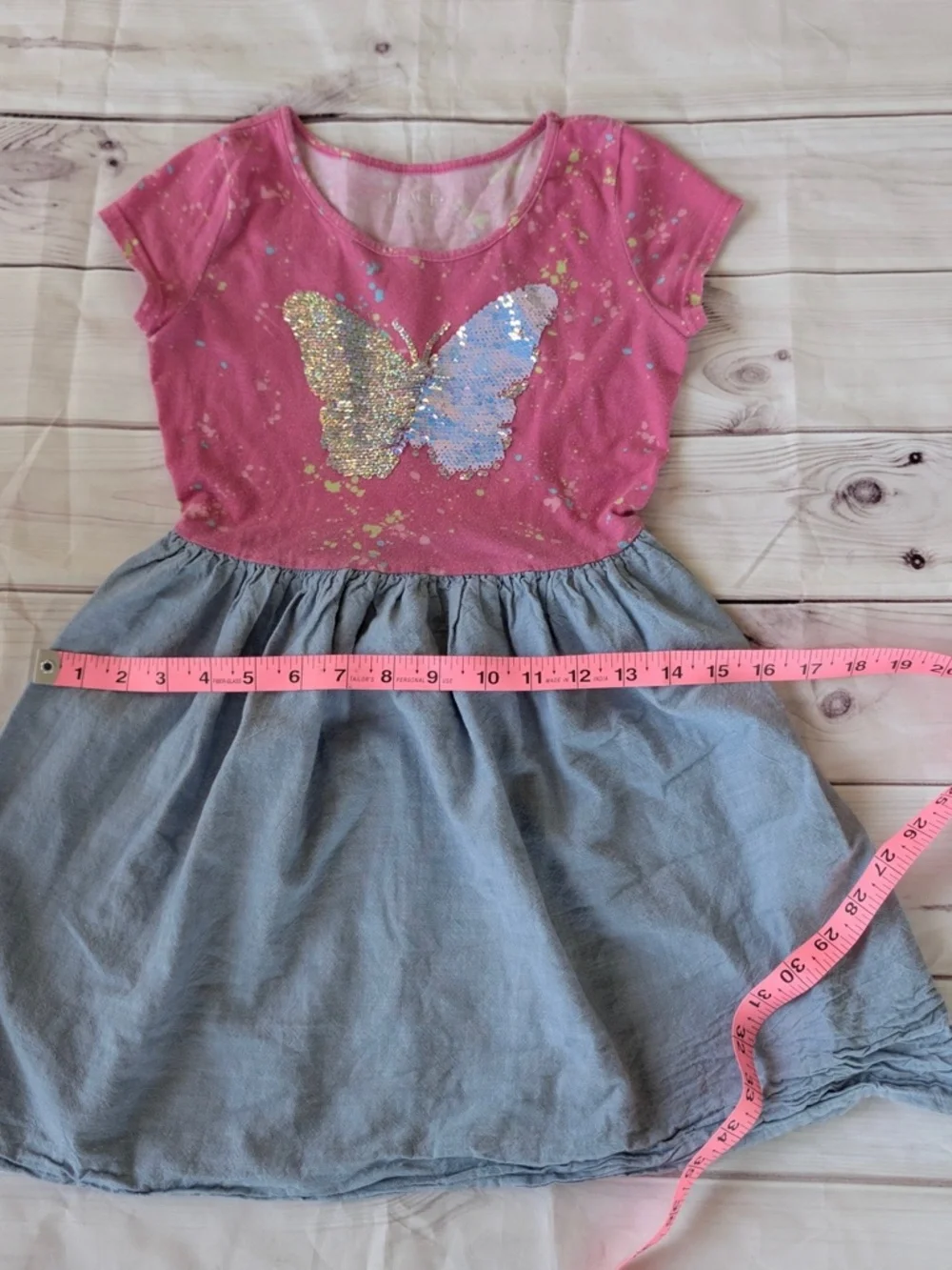Children's Place Girl's Dress Pink Cotton Blue Butterfly - Medium 7/8 Sequin - Picture 5 of 12